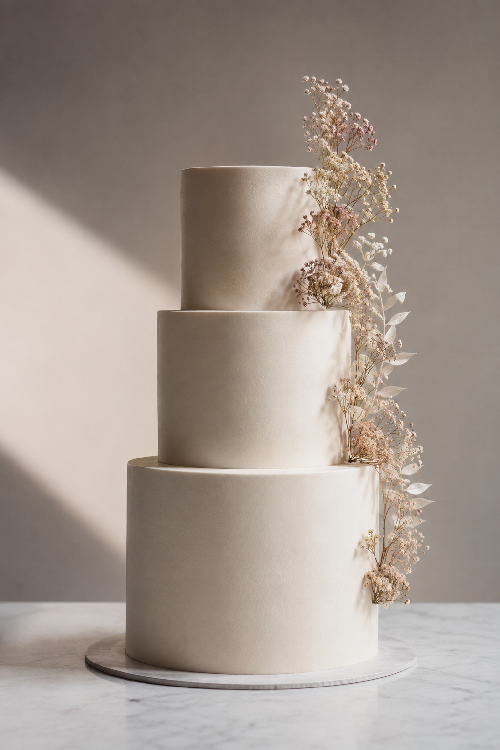 Three-tier ivory cake with dried blooms